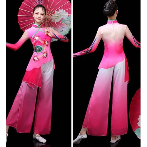 Women pink chinese folk dance costumes Yangko clothing Chinese fan umbrella dance performance costume for women
